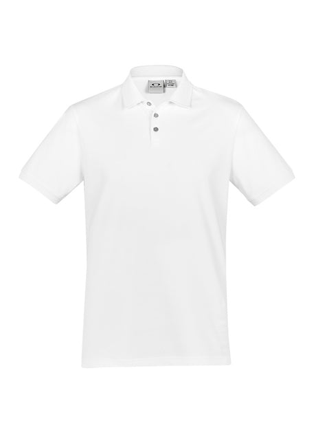 Men's City Polo in white, size L, featuring breathable fabric, waffle knit collar, side splits, and UPF 50+ sun protection.