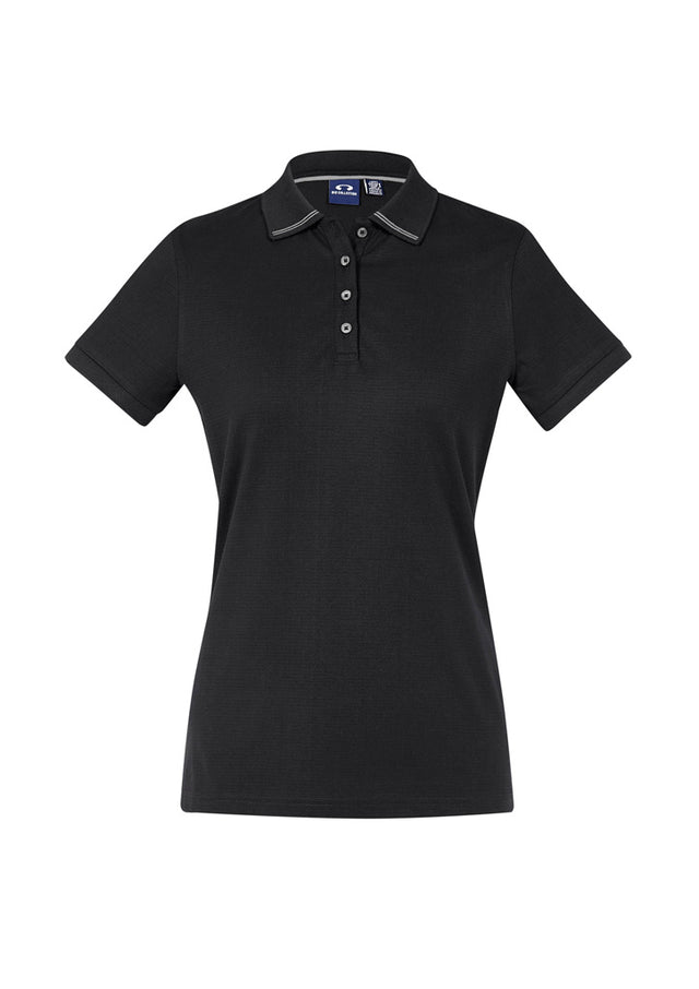 Ladies Aston Polo in Black/Silver Grey features a stylish stripe collar, pearlized buttons, and UPF 50+ protection for versatile elegance.