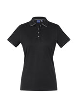 Elegant Ladies Aston Polo in black and silver grey, featuring soft-touch cotton, stripe collar, and UPF 50+ protection. Size 16.