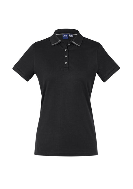 Elegant Ladies Aston Polo in black and silver grey, featuring soft-touch cotton, stripe collar, and UPF 50+ protection. Size 16.