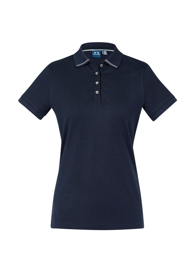 Ladies Aston Polo in Navy/Silver Grey with elegant collar, pearlized buttons, and UPF 50+ for sun protection. Size 14.