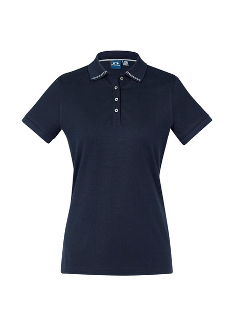 Ladies Aston Polo in Navy/Silver Grey, featuring soft cotton, elegant collar, pearlized buttons, and UPF 50+ protection.