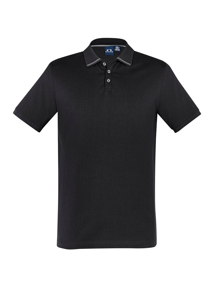 Men's Aston Polo in Black/Silver Grey featuring a soft cotton fabric, elegant collar, UPF 50+, and versatile design for any occasion.