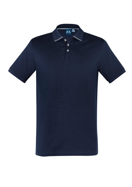 Men's Aston Polo in Navy/Silver Grey, 2XL, featuring soft cotton, striped collar, pearlized buttons, and UPF 50+ protection.