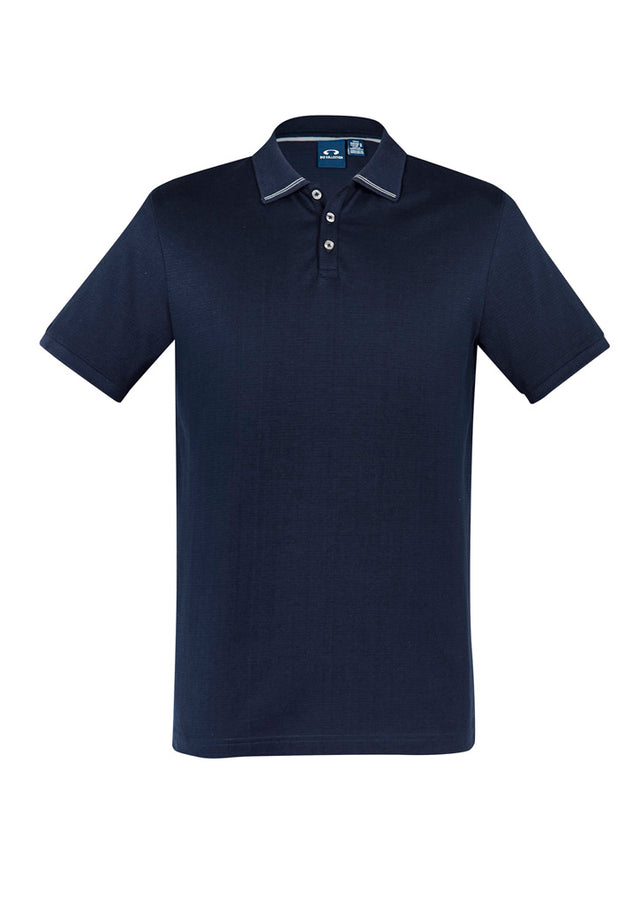 Men's Aston Polo in Navy/Silver Grey, featuring breathable cotton, elegant collar, pearlized buttons, and a relaxed fit.