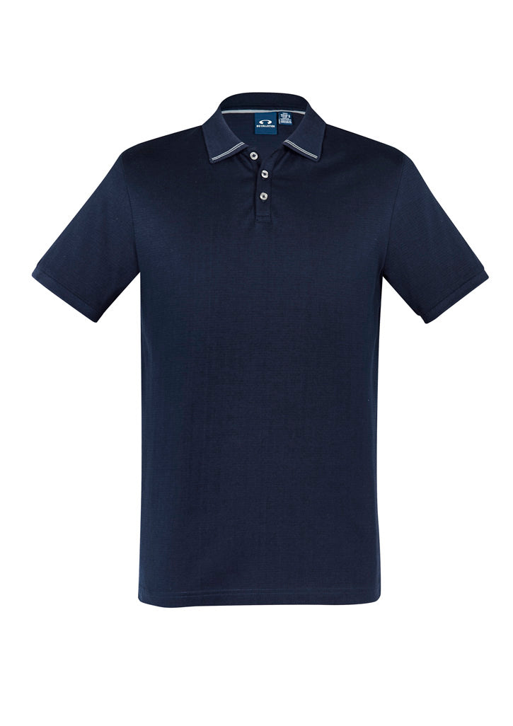 Men's Aston Polo in Navy/Silver Grey, XL; features breathable cotton, stripe collar, pearlized buttons, and side splits for comfort.