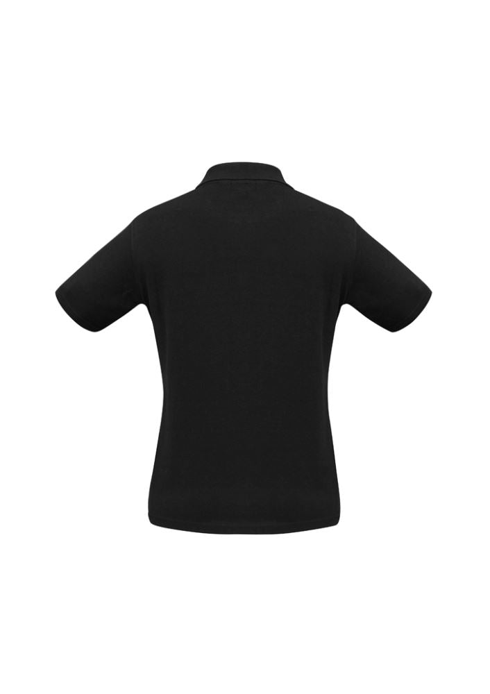 Ladies Ice Polo in black, size 24, crafted from 100% combed cotton for comfort, featuring a slimline placket and knitted collar.