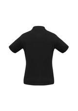 Ladies Ice Polo in black, size 24, crafted from 100% combed cotton for comfort, featuring a slimline placket and knitted collar.
