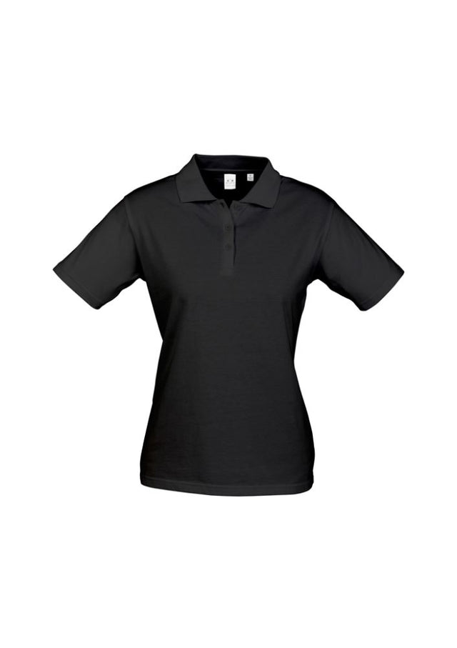 Ladies Ice Polo in Black, size 20; made of premium cotton, features a knitted collar, durable stitching, and easy tear-away label.