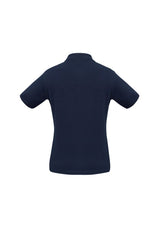 Navy Ladies Ice Polo Size 8, 100% cotton, features a slimline placket and knitted collar for a polished look.