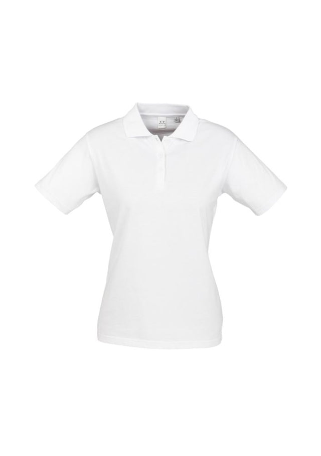 Ladies Ice Polo in White, Size 12, featuring premium cotton, a knitted collar, and durable stitching for style and comfort.