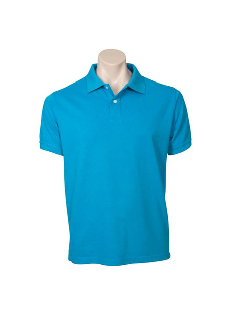 Cyan blue men's neon polo shirt in size 5XL, featuring a knitted collar, white buttons, and breathable fabric for comfort.
