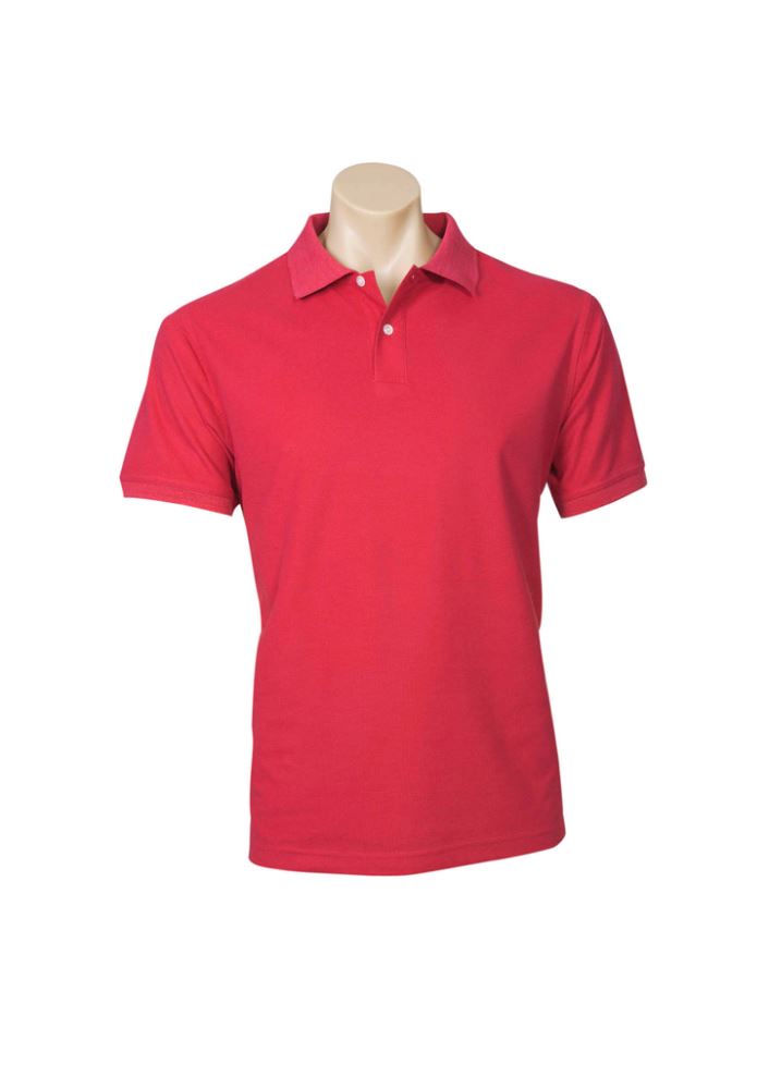 Mens neon red polo shirt in 2XL, featuring breathable fabric, UPF sun protection, knitted collar, and side splits for comfort.