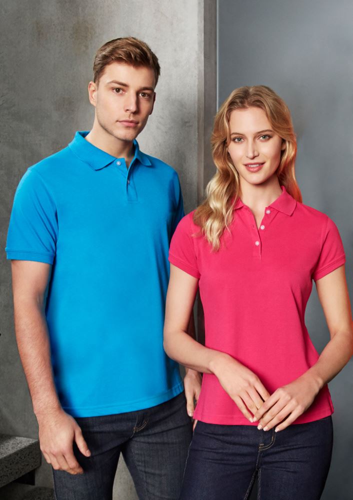 Men's Neon Yellow Polo in Size XL by Biz Collection, featuring breathable pique knit, classic collar, white buttons, and pocket.