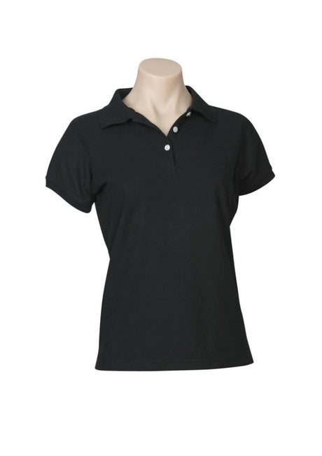 Ladies Neon Polo in black, size 8, featuring a knitted collar, button placket, and excellent UPF protection for outdoor wear.