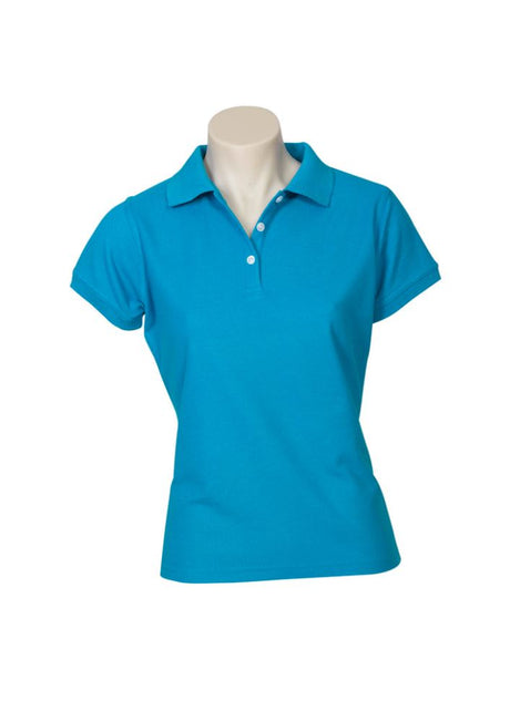 Vibrant cyan blue Ladies Neon Polo, size 18, featuring stylish collar, breathable fabric, and excellent UV protection.