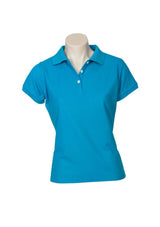 Ladies neon polo in vibrant Cyan Blue, Size 14, featuring a knitted collar, button placket, and UPF protection.