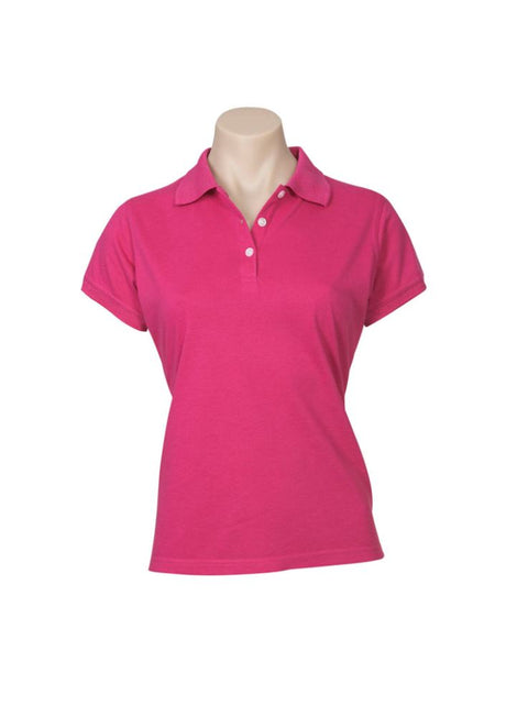 Ladies Neon Polo in magenta, size 24, featuring a stylish design, breathable fabric, and excellent sun protection.