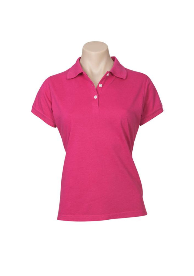 Magenta ladies neon polo shirt, size 12, featuring breathable fabric, stylish collar, and a relaxed fit for casual outings.