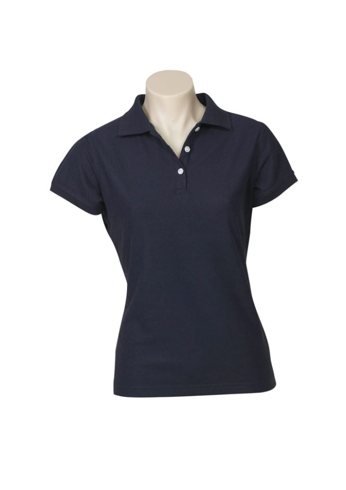 Navy Ladies Neon Polo in Size 18 featuring a chic design, soft fabric, and UPF protection for style and comfort.