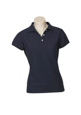 Ladies Navy Neon Polo, Size 8, featuring a classic collar, breathable fabric, and UPF protection for stylish comfort.