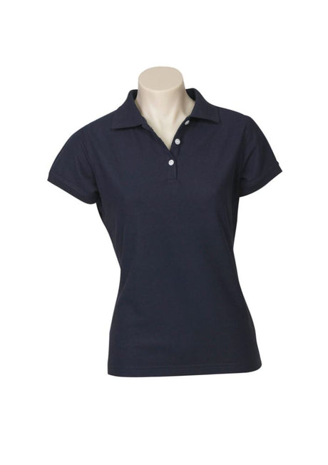 Ladies Neon Polo in Navy, Size 24, featuring a knitted collar, white button placket, and UPF protection for outdoor wear.