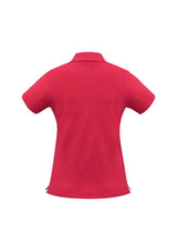 Vibrant red neon polo shirt for women, size 6, featuring a knitted collar, stylish placket, and breathable pique knit.