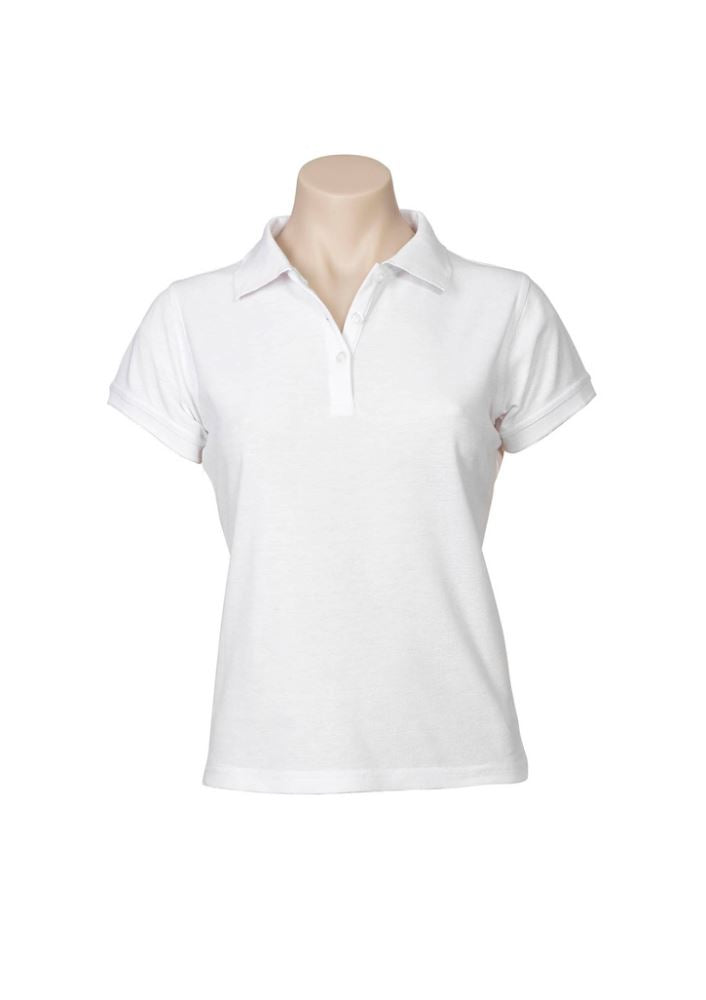 Ladies Neon Polo in white, size 8, featuring a stylish design with a knitted collar, button placket, and UPF protection.