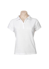 Ladies Neon Polo in white, size 8, featuring a stylish design with a knitted collar, button placket, and UPF protection.