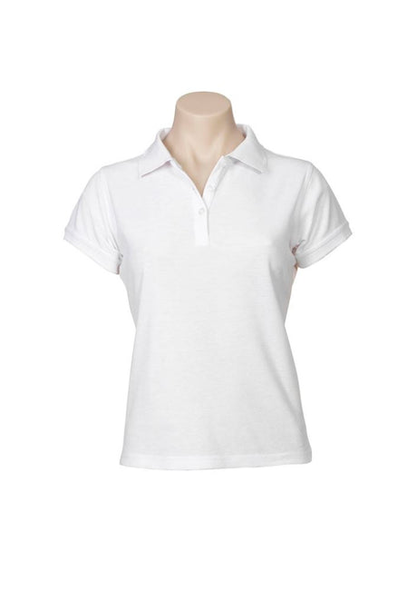 Ladies Neon Polo in white, size 6, featuring soft pique fabric, trendy collar, UPF protection, and side splits for enhanced mobility.
