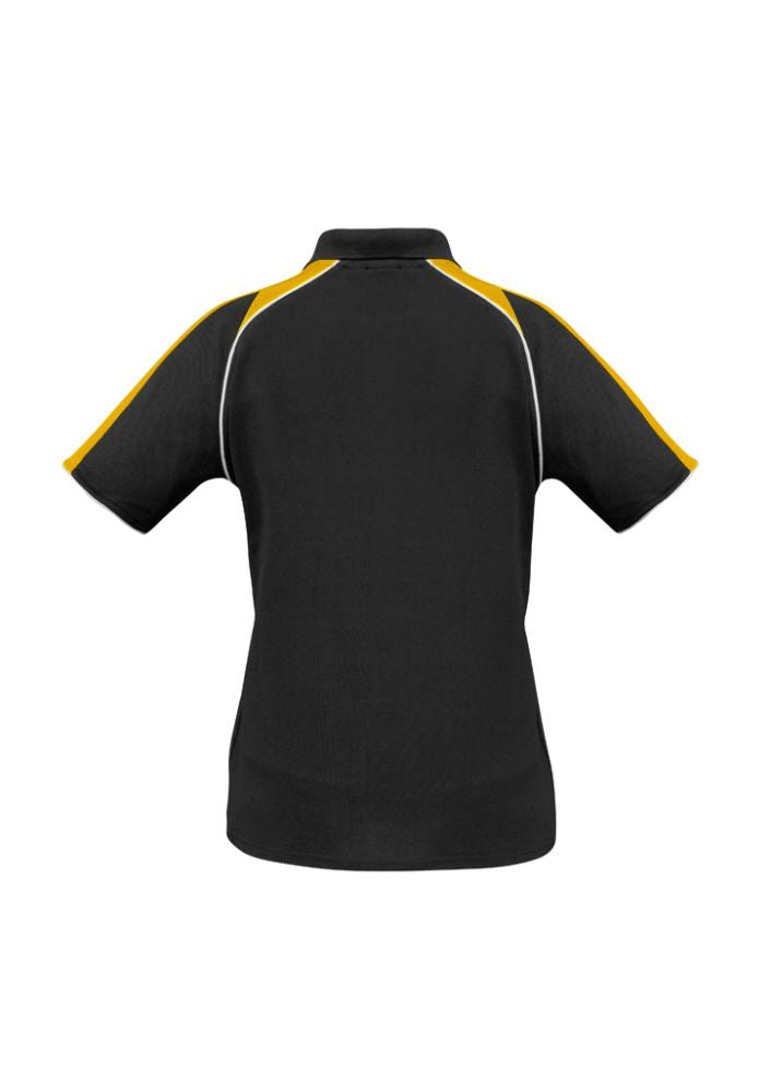 Ladies Triton Polo in Black/Gold/White, size 8, featuring raglan sleeves and UPF protection for style and comfort.