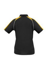 Ladies Triton Polo in Black/Gold/White, size 8, featuring raglan sleeves and UPF protection for style and comfort.