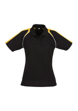 Stylish Ladies Triton Polo in Black/Gold/White, size 8, featuring raglan sleeves and excellent breathability.