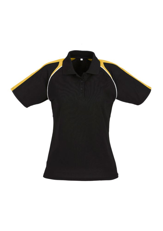 Stylish Ladies Triton Polo in Black/Gold/White, size 8, featuring raglan sleeves and excellent breathability.