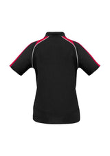 Ladies Triton Polo in black, red, and white, featuring breathable fabric, stylish raglan sleeves, and a flattering fit in size 10.