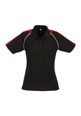 Ladies Triton Polo in Black, Red, and White, stylish raglan sleeves with piping, breathable cotton and polyester blend, size 10.