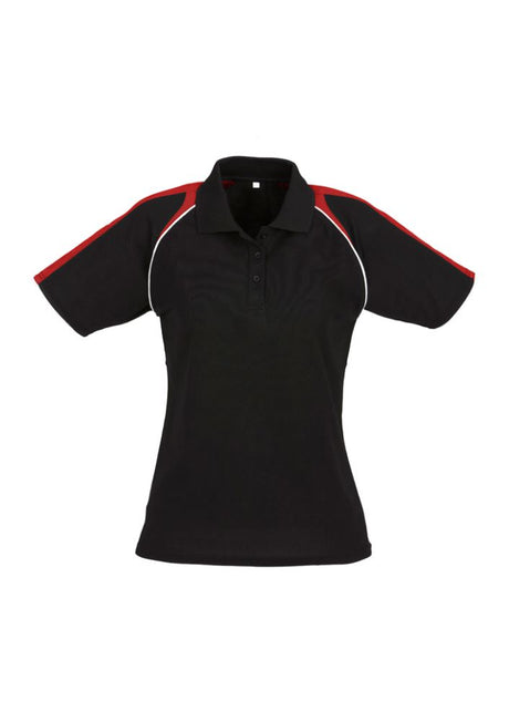 Stylish Ladies Triton Polo in Black/Red/White, size 8, featuring raglan sleeves and moisture-wicking fabric for comfort.