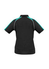 Ladies Triton Polo in Black, Teal, and White, Size 12, featuring raglan sleeves and breathable fabric for stylish summer wear.