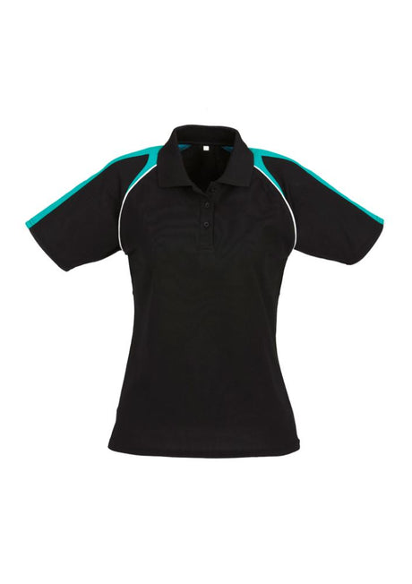 Ladies Triton Polo in Black, Teal, and White, size 16, featuring raglan sleeves, contrast panels, and breathable fabric.