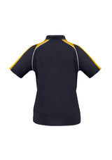 Ladies Triton Polo in navy, gold, and white with raglan sleeves, piping cuffs, and contrast shoulder panels, size 16.