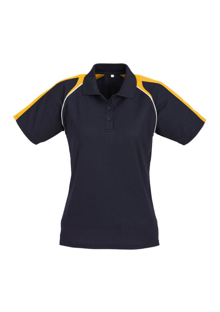 Ladies Triton Polo in navy, gold, and white, size 24, featuring raglan sleeves and sun protection for casual or outdoor wear.