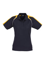 Ladies Triton Polo in navy, gold, and white, size 24, featuring raglan sleeves and sun protection for casual or outdoor wear.