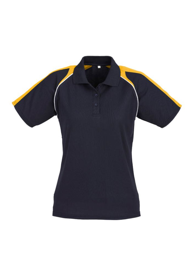Ladies Triton Polo in navy, gold, and white, size 24, featuring raglan sleeves and sun protection for casual or outdoor wear.