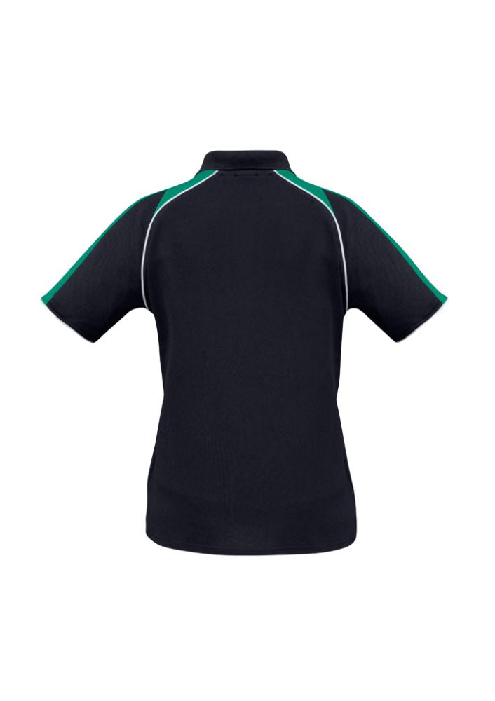 Ladies Triton Polo in navy, kelly green, and white with raglan sleeves, stylish collar, and breathable fabric, size 18.