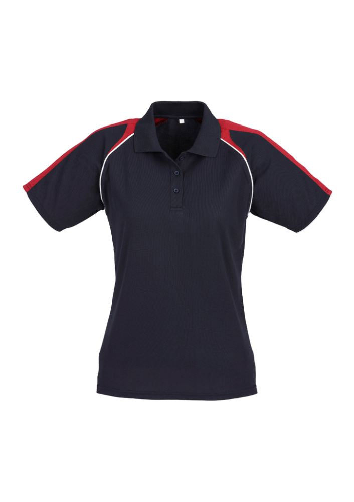 Ladies Triton Polo in navy, red, and white, featuring raglan sleeves, breathable fabric, and UPF protection, size 16.