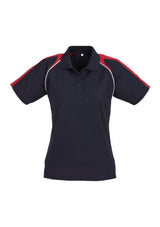 Ladies Triton Polo in navy, red, and white, featuring raglan sleeves, breathable fabric, and UPF protection, size 16.