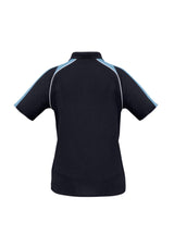 Ladies Triton Polo in Navy, Spring Blue, and White, featuring raglan sleeves, UPF protection, and size 24.