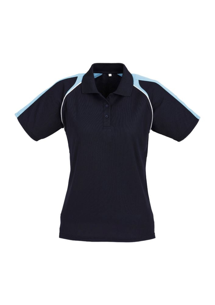 Ladies Triton Polo in Navy, Spring Blue, and White, size 24, featuring raglan sleeves and UPF protection for style and comfort.
