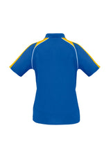 Royal, Gold, and White Ladies Triton Polo in size 18, featuring raglan sleeves and a stylish knitted collar for comfort and elegance.