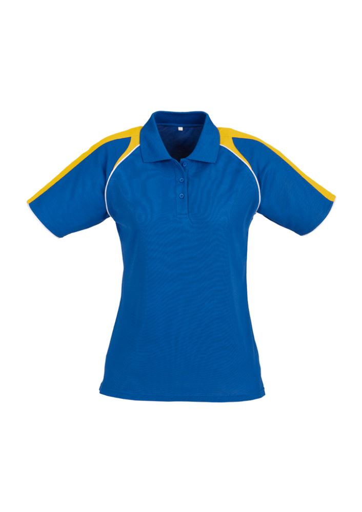 Ladies Triton Polo in Royal, Gold, and White, Size 18, featuring breathable fabric, raglan sleeves, and a stylish fit.
